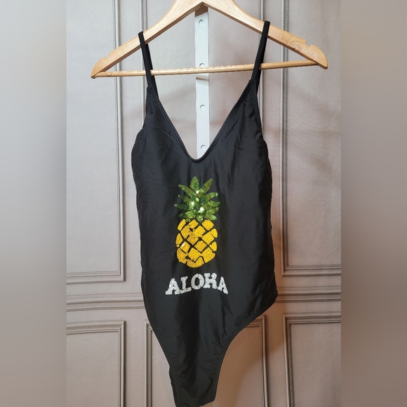 One Piece High Cut Swimsuit Sequined Pineapple ALOHA Juniors Large - Picture 2 of 13